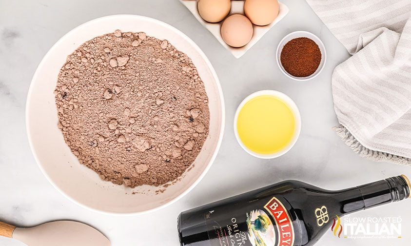 baileys brownies ingredients in bowls on counter