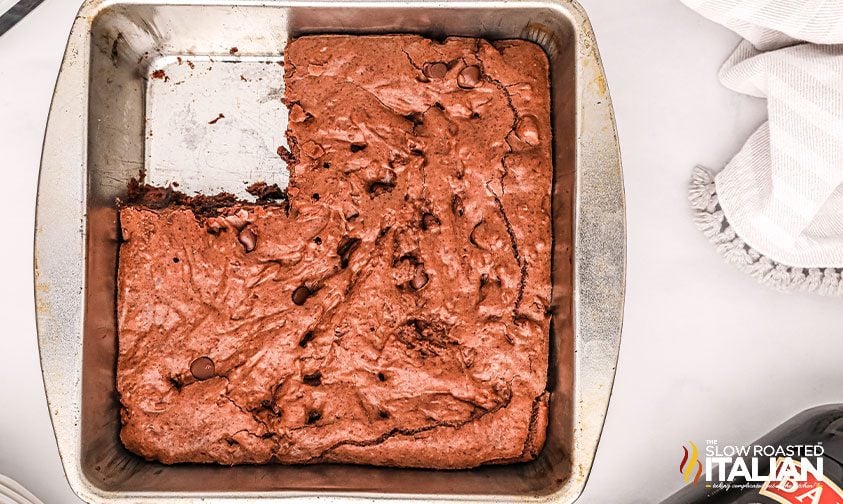 irish cream brownies baked in pan, one serving missing