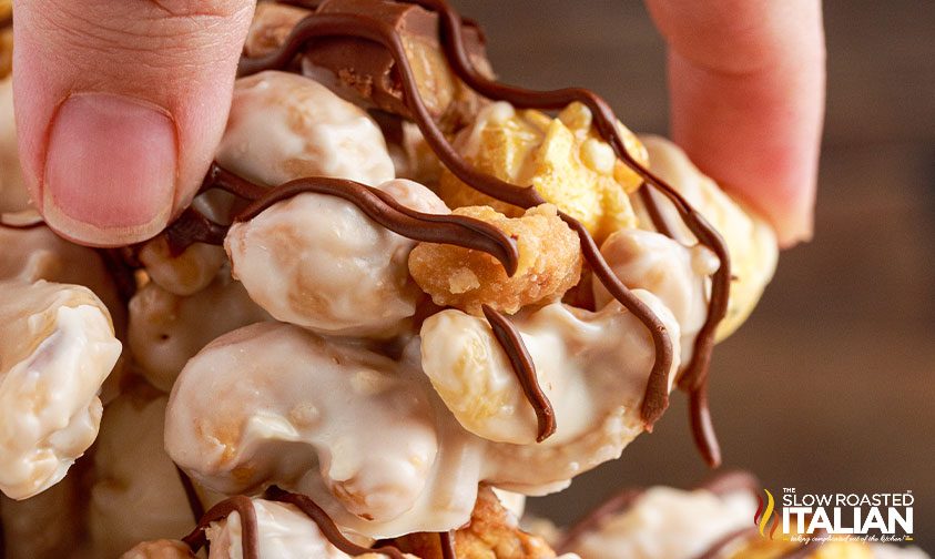 white chocolate covered cashew clusters, close up