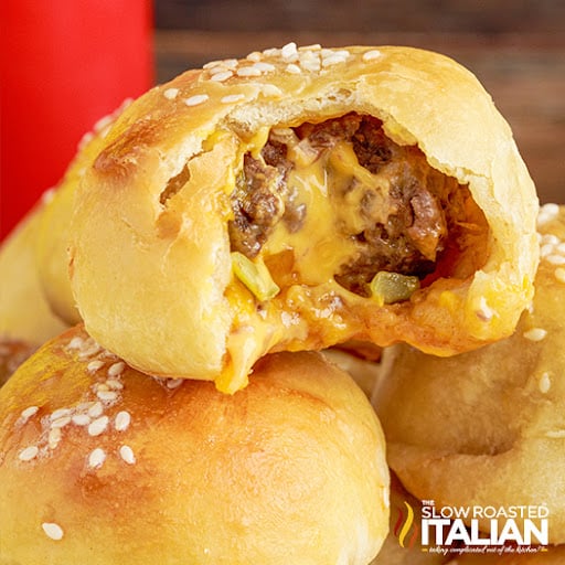 close up of hamburger and cheese stuffed bread bites