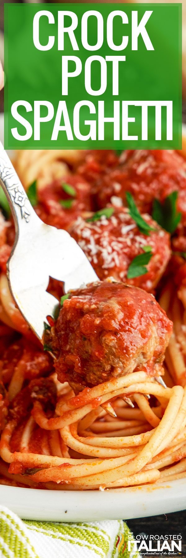 titled image (and shown): crock pot spaghetti with meatball on fork