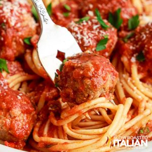 spaghetti and meatball on fork