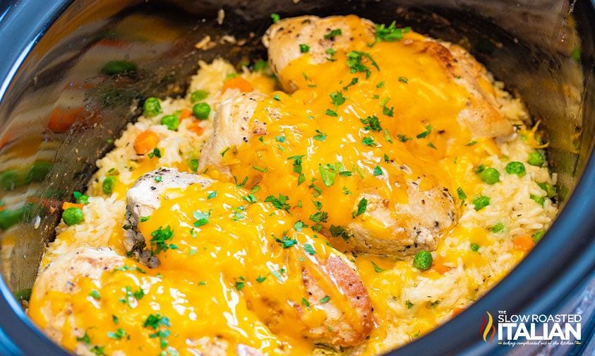 slow cooker chicken and rice with cheese and herbs