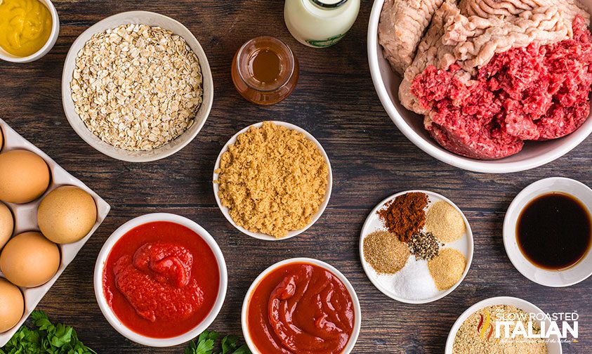 overhead: bowls of ingredients for slow cooker meat loaf recipe