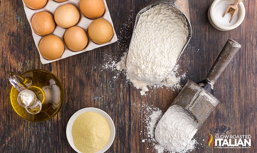 overhead: ingredients for homemade pasta dough recipe