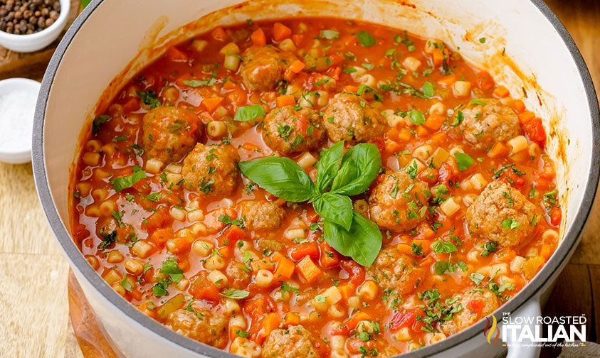 pot of italian soup with meatballs and pasta