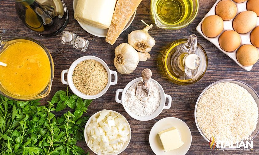 arancini ingredients in bowls on counter