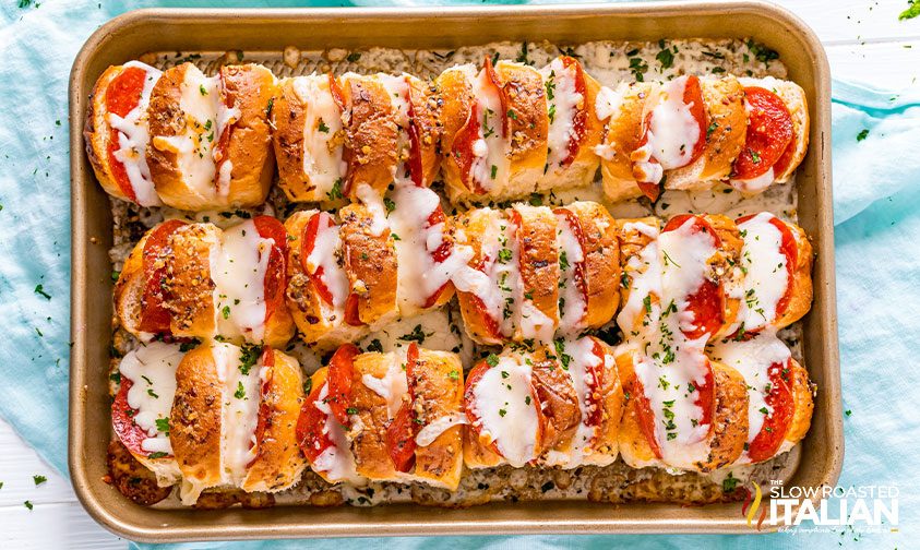 hawaiian pizza pull apart bread on baking sheet