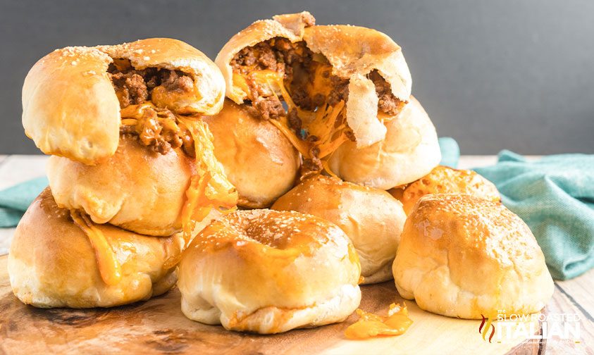 sloppy joe stuffed bread bombs in a stack