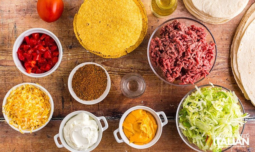 crunchwrap supreme ingredients in bowls on counter