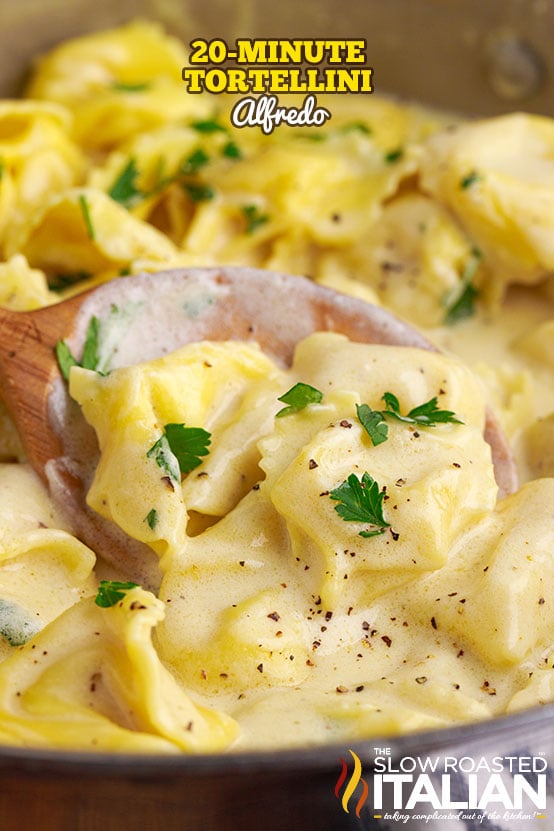 titled (shown close up in skillet) 20 minute tortellini alfredo