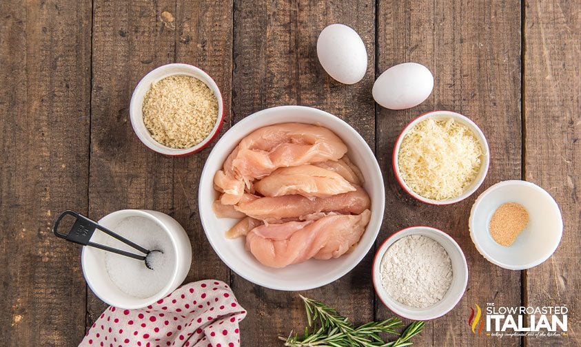 overhead: ingredients to make breaded chicken tenders
