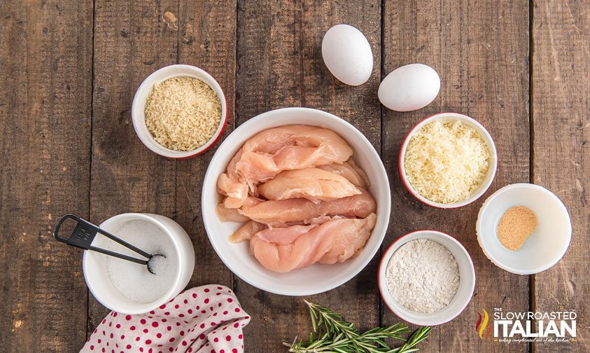 overhead: ingredients to make parmesan crusted chicken recipe