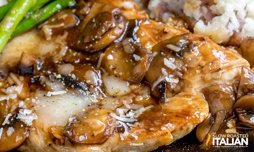 creamy mushroom sauce on pan seared poultry, close up
