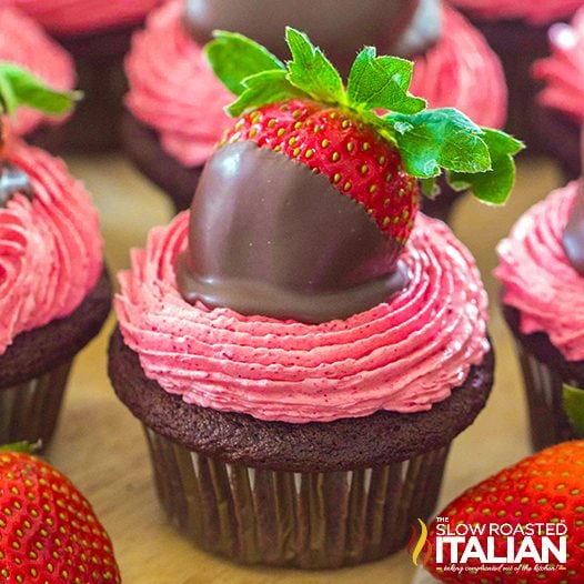 chocolate dipped strawberry on brownie cupcake