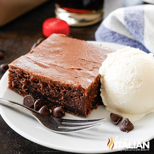 plated chocolate cake with vanilla ice cream