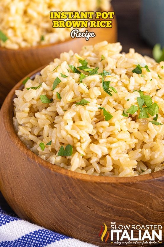 pressure cooker brown rice in a wooden serving bowl