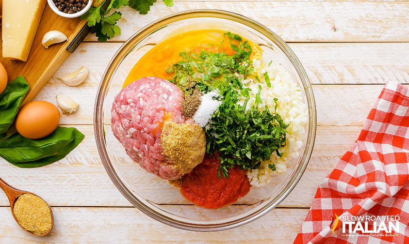 ingredients for authentic italian meatballs in a bowl