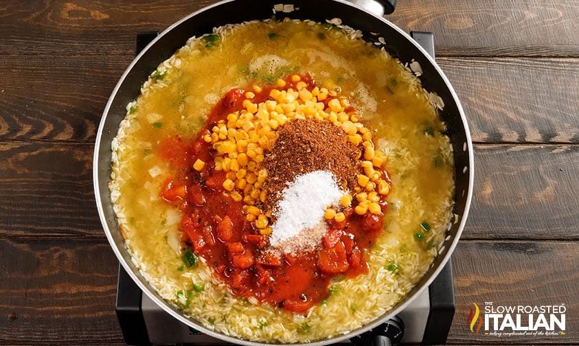 restaurant style mexican rice ingredients in skillet