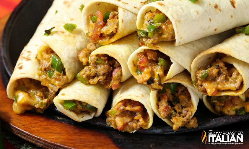 stack of mexican ground beef appetizers on platter