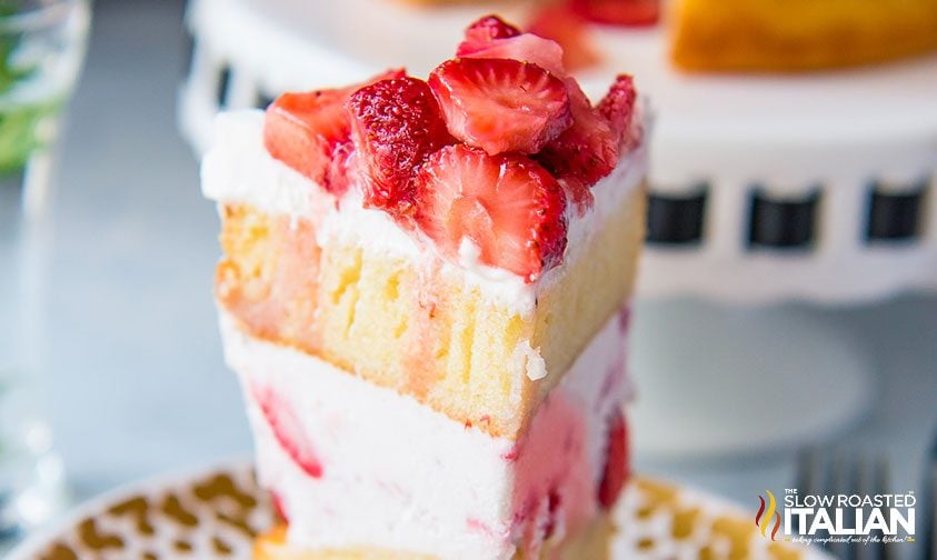 closeup slice of strawberry shortcake cake