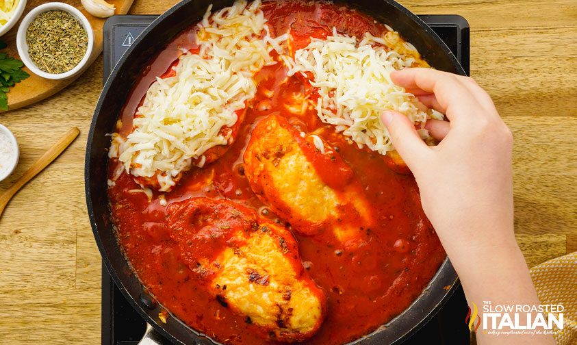 chicken parmesan pasta with cheese on top