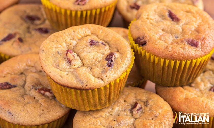 banana pecan muffins in a pile