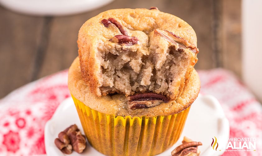 banana pecan coffee cake muffins close up