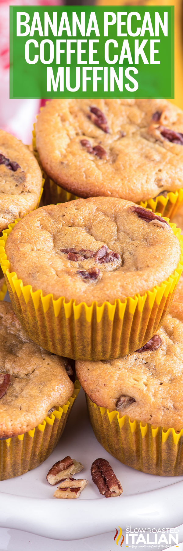 banana pecan coffee cake muffins closeup