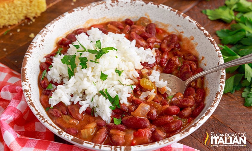 Cajun rice dish in white bowl