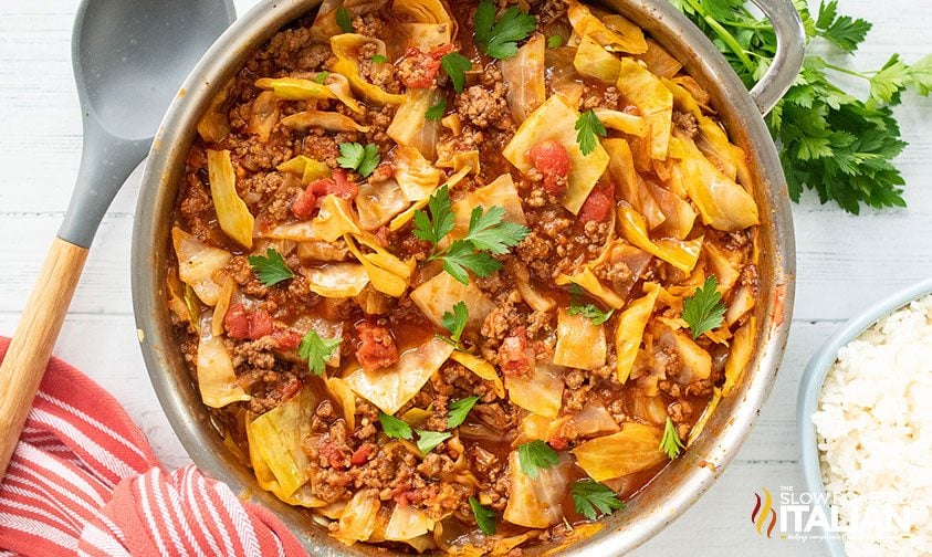 skillet of unstuffed cabbage rolls