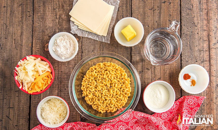 mac and cheese ingredients in bowls