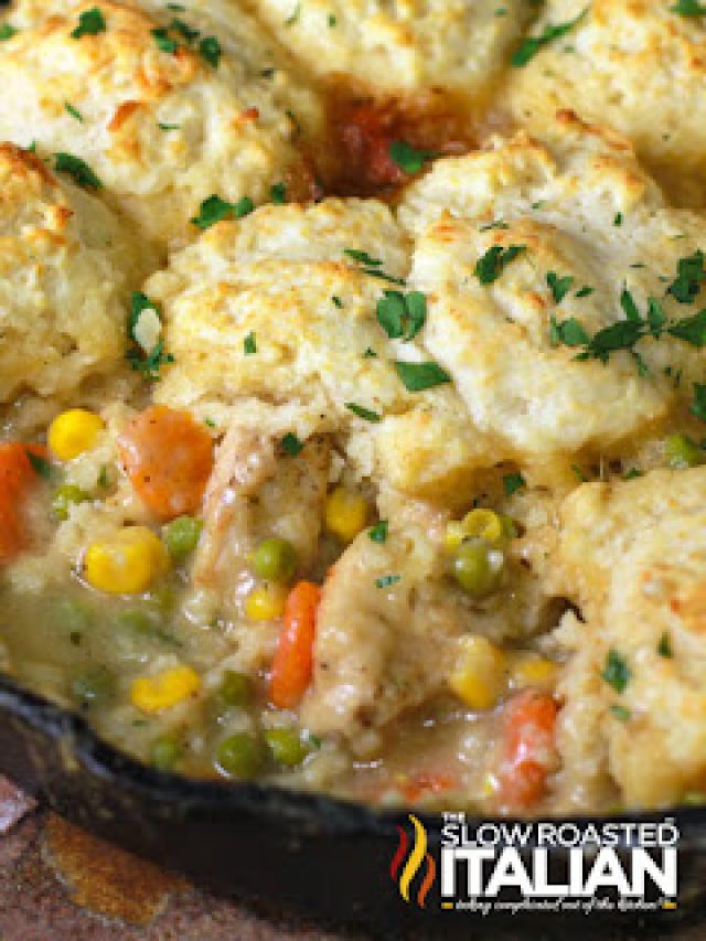 biscuit pot pie in cast iron skillet