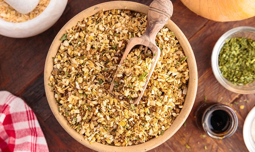 overhead; bowl of homemade seasoning mix