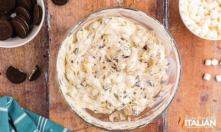 oreo fluff salad in a bowl overhead