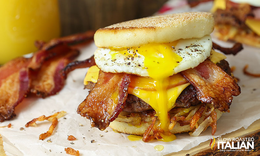 breakfast bbq burger on English muffin bread
