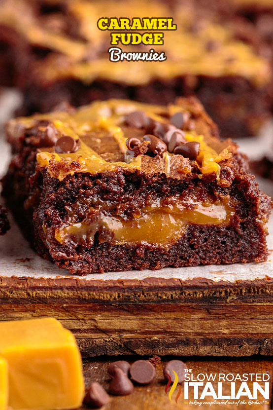 Caramel Fudge Brownies on parchment paper