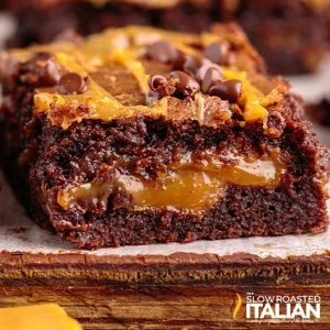 caramel brownies, close up.