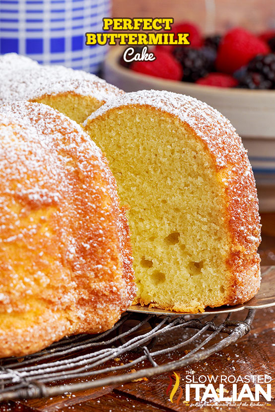 slice of buttermilk cake on serving spatula