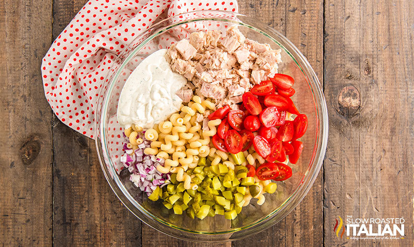 tuna salad with noodles ingredients in a bowl