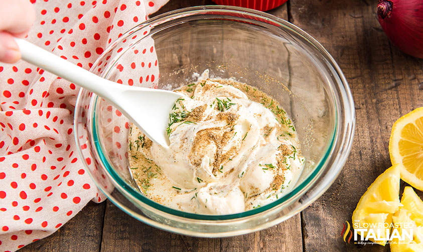 tuna pasta salad dressing in a bowl