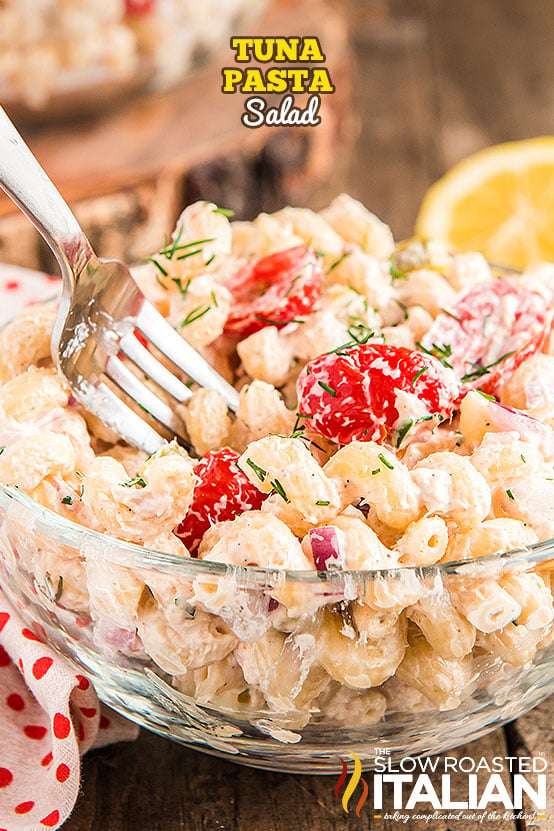 titled (shown close up in bowl): tuna pasta salad