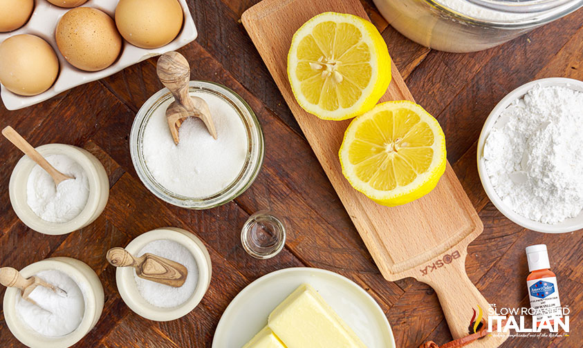 overhead: bowls of ingredients for lemon cookies