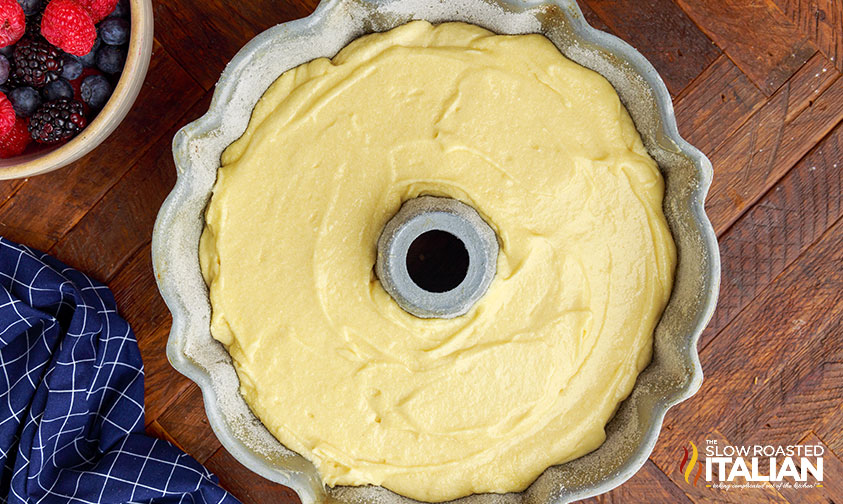 overhead; cake batter in bundt pan