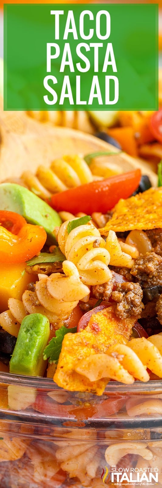 titled and shown closeup: taco pasta salad