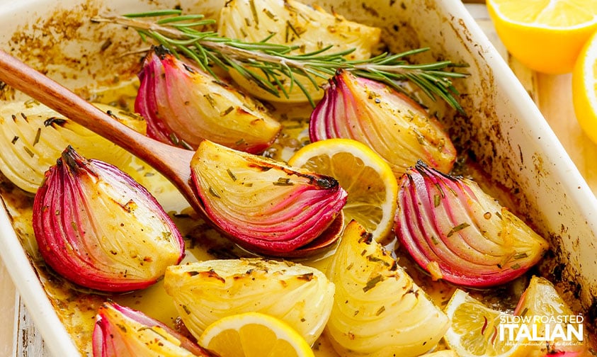 roasted onions in a casserole dish