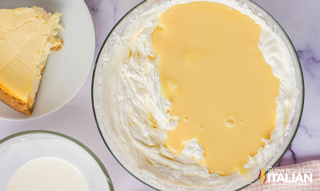 overhead: condensed milk ice cream mixture in bowl