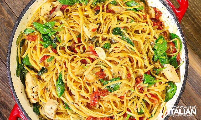 overhead closeup - cheesy chicken pasta one pot meal