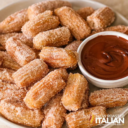 churro bites with chocolate sauce for dipping