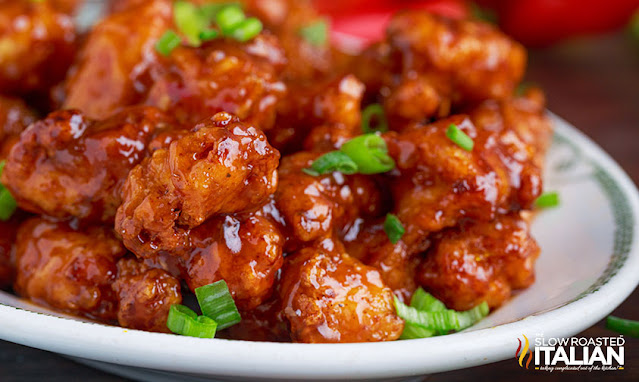 plate of orange chicken close up